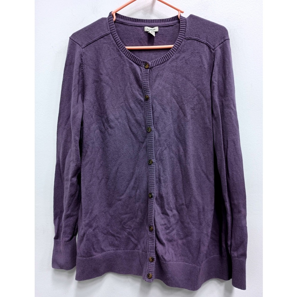 LL Bean Cardigan Sweater Womens Large Purple Cotton Cashmere Knit Classic Casual